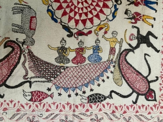 Vintage fine quality kantha from murshidabad district of  undivided Bengal India 19 C.the kantha has some very good subject like churning of ocean ,men on chariot,battle scene and people crossing the  ...