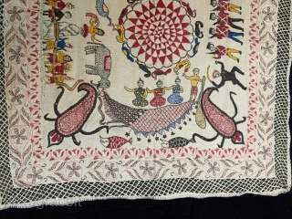 Vintage fine quality kantha from murshidabad district of  undivided Bengal India 19 C.the kantha has some very good subject like churning of ocean ,men on chariot,battle scene and people crossing the  ...