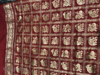 Vintage real zari sari with elephants and peacocks motifs all over gold on royal red colour made in Varanasi Uttar Pradesh India 1900c. on famous mulberry silk of Mysore the size of  ...