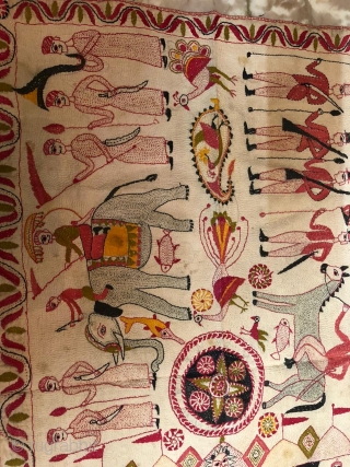 Vinntage Kantha from Murshidabad district of West Bengal India 1900C.depecting the Indian army with elephant and the British army with horse and king and queen in the camp.the size of the Kantha  ...