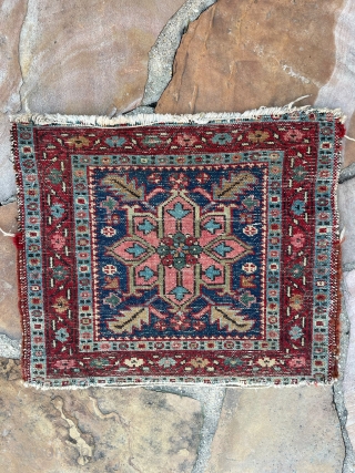 A karaja Heriz Bagface? or mat rug for woven circa 1910 and measures 20x22 IN. A rare find as 99% of Heriz rugs are woven in much larger sizes. Both end are  ...