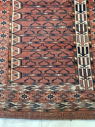 This is an Ensi Turkman with a few different elements making it interesting and different from the standard Ensi. Its size is 4.5x4.10 FT and in overall good condition with all natural  ...