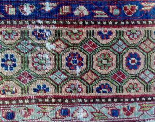 a wonderful early east turkestan, possibly kashgar, carpet fragment with a masterful colour palette and a rare border     -hans bidder shows an early khotan with a similar border  ...
