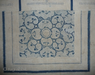 very nice old cotton panel from the miao peoples. indigo reserve technique, one small patch in the central panel. china, yunnan province, first half 20th c, 47x 57cm.     