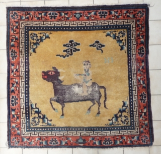 chinese rug with possibly some taoistic background as it possibly depicts an old well known  legend; laozi leaving china to the west (in yumenguan , if i remember well) and writing  ...