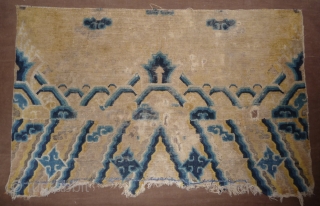   FRAGMENT OF THE BOTTOM OF A NINGXIA TEMPLE HANGING OR PILLAR RUG WITH SOME UNUSUAL DESIGN FEATURES. CHINA LATE 18TH C.          