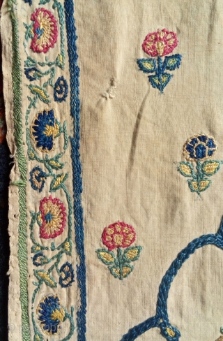 beautiful uncommon  small sized mughal style prayer textile , silk embroidery on cotton. persia , india or central asia? possibly 18th century. approx. 56x 62cm. as shown has stains, holes etc..  ...