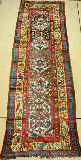 Full pile Persian Kurdish long rug. Playfull drawing with a very cool border. Exceptional color.  Circa 1870.               