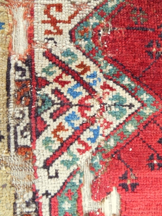 Iconic Sailer unique wide Ladik prayer rug half. Early 18th c. Published in Hali. Conserved and professionally mounted on linen.             