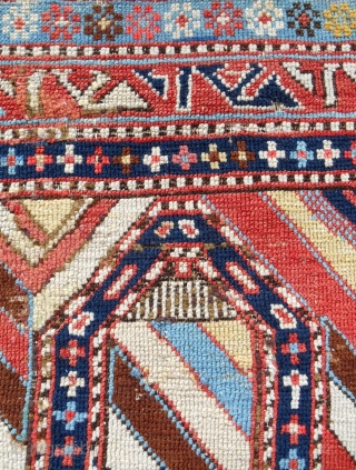 Small (29" x 52"), classic striped Caucasian Gendge prayer rug with silky wool. c. 1860-80. Good condition. Relatively fine weave.             