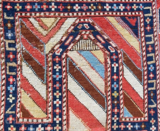 Small (29" x 52"), classic striped Caucasian Gendge prayer rug with silky wool. c. 1860-80. Good condition. Relatively fine weave.             