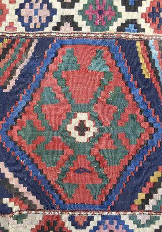 Exceptionally bold Shahsavan Kilim mafrash panel.  Over 10 distinct clear, saturated colors. Excellent condition. Circa 1850-70. Email for more information.  Patrickpouler@gmail.com          