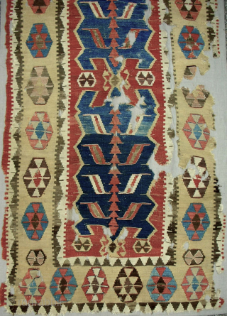 Exceptional 18th c. One piece Anatolian Obruk kilim fragment. Almost complete. Professionally conserved and mounted on natural linen. One of the best! Contact: patrickpouler@gmail.com         