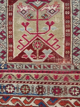 Late 19th c. West Anatolian prayer rug (3’-9” x5’-8”). All original, including ragged sides and kilim ends.                