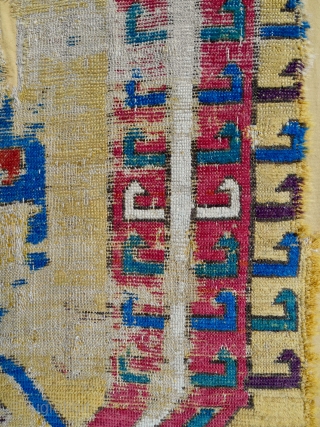 Extraordinarily rare 17-18th c. Central Anatolian rug fragment. Mounted on yellow linen. About 3.5 x 5.5ft.                 