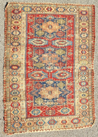 Extraordinary, early to mid 19th c. Caucasian Sumak rug. About 5 x 7ft. Exquisite color. Superb archaic drawing. A truly splendid, rare example. All original.        