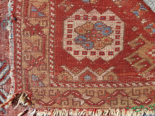 Early small Kiz Bergama west Anatolian rug. 3'-2" x 3'-11". Fine and thin with features and details i have not seen before, including the Ladik border. Excellent saturated color!  I think  ...