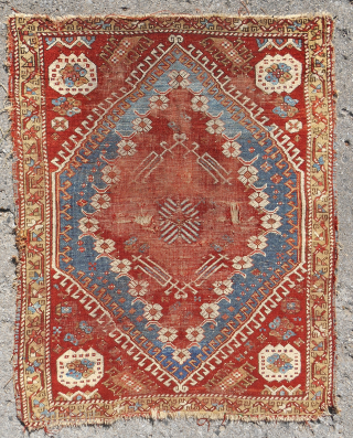 Early small Kiz Bergama west Anatolian rug. 3'-2" x 3'-11". Fine and thin with features and details i have not seen before, including the Ladik border. Excellent saturated color!  I think  ...