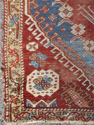 Early small Kiz Bergama west Anatolian rug. 3'-2" x 3'-11". Fine and thin with features and details i have not seen before, including the Ladik border. Excellent saturated color!  I think  ...