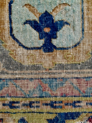 17th c. Persian Kirman carpet border fragment. 29" x 22". From the same carpet as the recently sold Dixon piece (Skinner lot 157). Equally ancient and beautiful.      