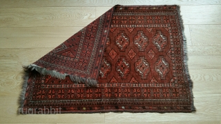 Antique Turkmen Kizil Ayak Prayer Rug.
Brown wool warp.
28 in. wide–40 in. long.
Medium, uniform pile.
Partial  loss of end borders, but main field is good.
         