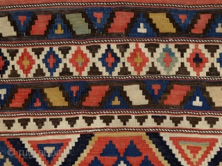 Shirwan kilim, mid19th century, probably the half of a longer kilim, 167x150 cm, deep dyes (much deeper than appearing on the pics) & very fine weave. added fringes at the bottom, otherwise  ...