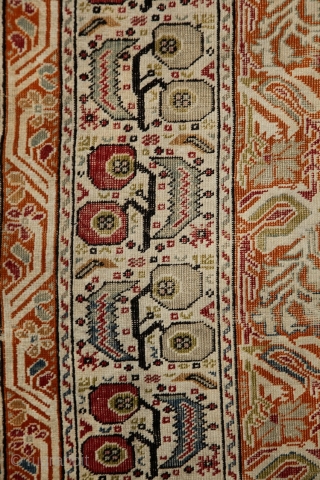 How to draw tension...  trembling borders with running flames and an empty green mihrab..... Ghiordes prayer rug, 172x125 cm, wool on cotton, ca 1900. More pieces: http://rugrabbit.com/profile/5160     