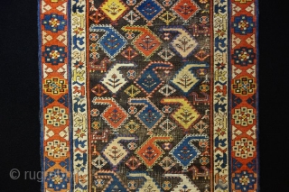 Gendje, 152x100cm, 2nd half of 19th cent., Vivid natural colours with masterly combined contrasts. What other colour would you need for an old Gendje? a rainbow above the Caucasus between orange border,  ...