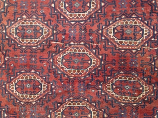 Turkmen "Turreted"/Pendi Göl rug, 100x150cm, soft wool, very fine graphic weaving, pile is full except on some parts, where it was folded, no repair, original selvages and kilim ends, perfect saturated light  ...