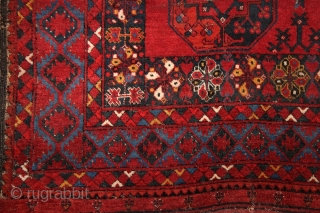 Ersari main rug with beautiful border system incl. different, vivid blues and wide kilim on both ends. 2x3 m, 19th century. Moth eaten knots at more places (the plain weave is not  ...