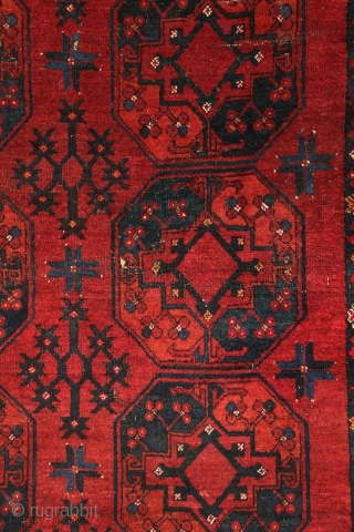 Ersari main rug with beautiful border system incl. different, vivid blues and wide kilim on both ends. 2x3 m, 19th century. Moth eaten knots at more places (the plain weave is not  ...