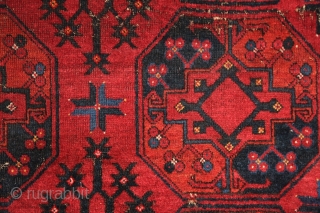 Ersari main rug with beautiful border system incl. different, vivid blues and wide kilim on both ends. 2x3 m, 19th century. Moth eaten knots at more places (the plain weave is not  ...