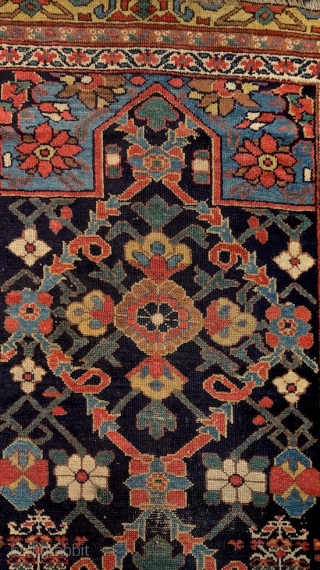 North-west persian kurdish 'double-mihrab' rug, 19th century. Non-commercial, tribal/village work with great colors & bold drawing. Ancient S-hooked border! Stylized dragons defending a blooming 'mina-khani' field of life. More pieces: http://rugrabbit.com/profile/5160  