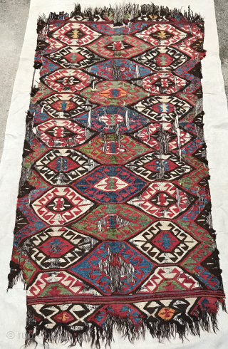 Mut kilim with good age and great colours, undyed brown wool warps, professionally mounted on linen, 275 x 145 cm including mounting. (T217) Email: peparethos@xsmail.com        