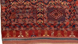 Exceptional Central Asian Amu Darya, "Bashir" carpet. Fantastic, wool, color, drawing and condition. A full repertoire of Turkmen ornament and iconography. Field panels are organized within an ornate developed system of borders  ...