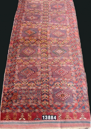 Exceptional Central Asian Amu Darya, "Bashir" carpet. Fantastic, wool, color, drawing and condition. A full repertoire of Turkmen ornament and iconography. Field panels are organized within an ornate developed system of borders  ...