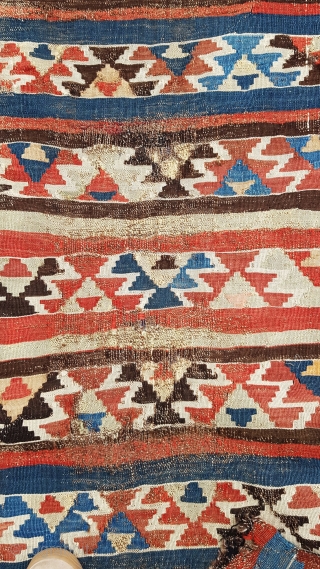 An early Shirvan kilim . Beautiful but quite distressed 
                       