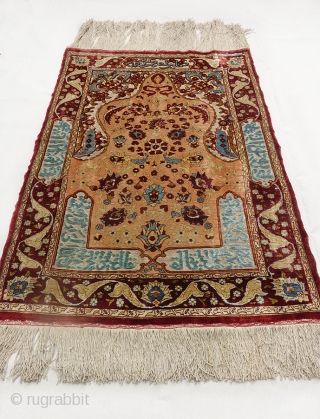 Beautiful Hand-Knotted Silk on Silk and Silver  Brocade Turkish Hereke signed (ÖZEL HEREKE) c.92x61 cm  (circa 1950) 

This is a rare masterpiece from the Özel atelier in Hereke.  It  ...