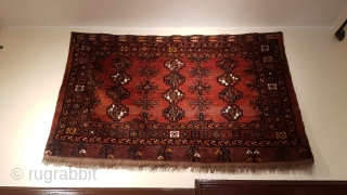 An intriguing Ersari Ali-Eli large chuval. Not too old but extraordinary colours and a very unusual flat-woven section. Size: 155x100cm 
Reasonably priced.           