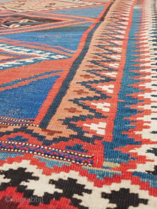 In the opinion of a respected expert, it is a 1880-1910 Luri (a period when both Luri and Qashqai shared territories in Fars) in mix kilim and soumak techniques
Measurements> 370cmx141cm or 12.2x4.6  ...