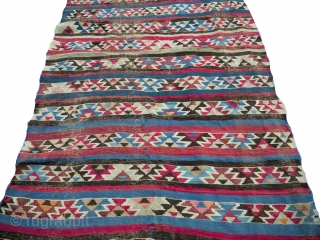 A very old Shirvan kilim. Distressed with one small old repair. Still quite charismatic
Size:  6.6x4.6 feet  
The archaic design of this Shirvan kilim is describes in Yanni Petsopoulos' book Kilims  ...