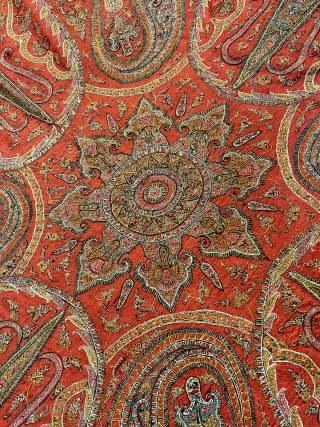 An exceptional Indian hand embroidered 19th century shawl, rare red center, very good condition, size is almost 2m/2m               