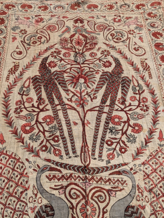 Old Indian textile Palampur early 20th century in beautiful condition, hand painted on cotton with tree of life               