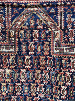 Marasali Prayer rug, 19th c., 3’7” x 4’7”; excellent array of naturally dyed colors on a deep blue/black field. areas of wear, and 1 small area of re-knotting. Diagonally aligned rows of  ...