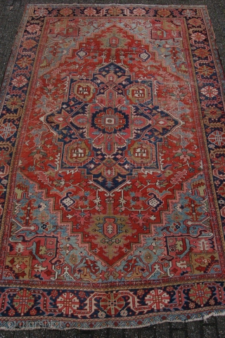 Very Pretty late 19th/ early 20th century Heriz village carpet 358 x 243 cm  (11ft 11" x 8ft 1") all natural dyestuffs. colours: rust red, dark blue, light blue, ockre, green,  ...