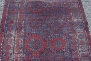 Pre 1900 antique Baluch main rug 289 x 184 cm (9ft 8" x 6ft 2") 19th century. All natural dyes, colours: red, red brown, brown (corrosion), dark brown, dark blue, white. condition:  ...