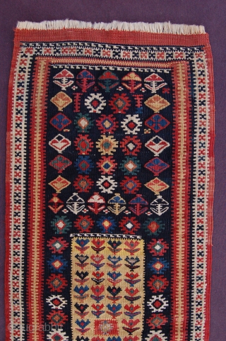 Exceptional size exquisite wool silk and metal thread Antique Caucasian Kurdish kilim long bagface 90 x 33 cm (3ft x 1ft 1") last quarter 19th century. All natural dyes, colours: dark blue,  ...