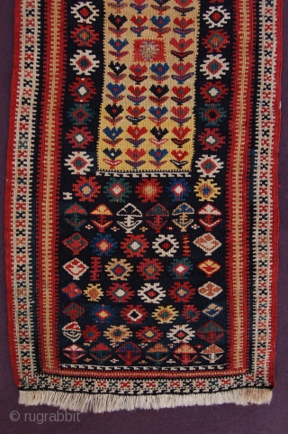 Exceptional size exquisite wool silk and metal thread Antique Caucasian Kurdish kilim long bagface 90 x 33 cm (3ft x 1ft 1") last quarter 19th century. All natural dyes, colours: dark blue,  ...