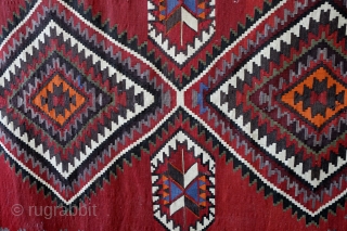 Large Kilim, dated 1919 with Armenian letters,  North Azerbeidzjan, Kuba area. 
A restauration behind the letters. 
Size 203 x 353 Cm's. 
          