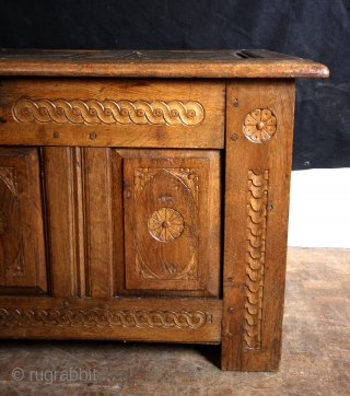 Chest, Dutch, early 18th century. Blond Oak with a great patina. 
Long 128 Cms. 4 ft 3 inch high 64 Cms 2 ft 2 inch. 
       